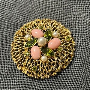 Elegant Vintage Sarah Conventry Gold and Pink Brooch 3”
